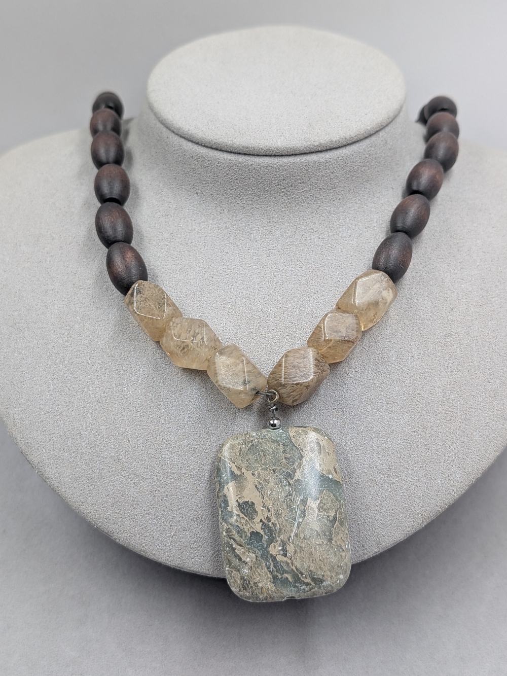 Mixed Stone & Wood Beaded Statement Pendant Necklace Boho | 0845